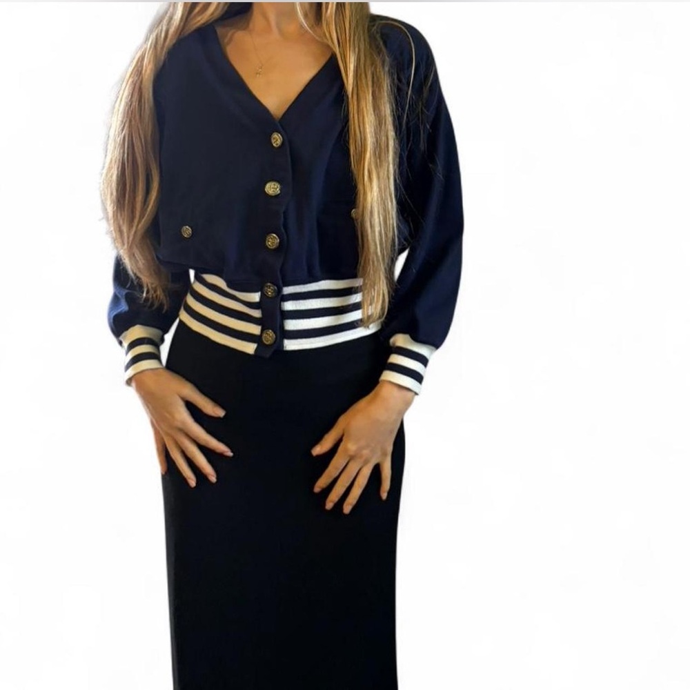 vintage preppy nautical navy and white stripes coastal cardigan sweater M